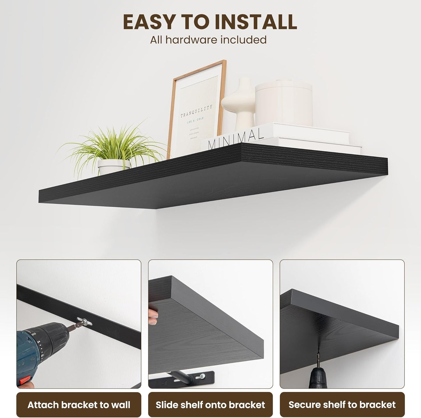 55" Floating Shelves for Wall, 12" Deep Slim Black Floating Shelves, Wall-Mounted Shelves for Bedroom, Living Room, Kitchen, Bathroom - Set of 2