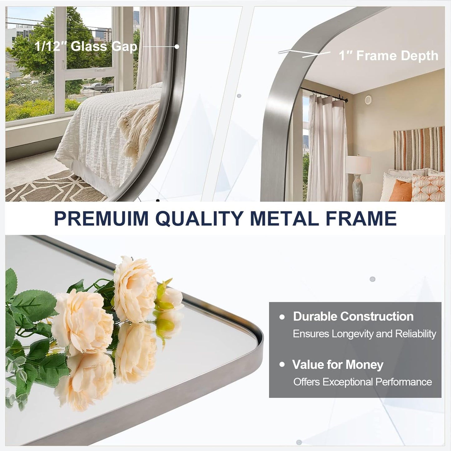 ANDY STAR Brushed Nickel Bathroom Mirror, Large 24x36’’ Brushed Nickel Metal Framed Oblong Wall Mirror, Modern Nickel Oval Vanity Mirror