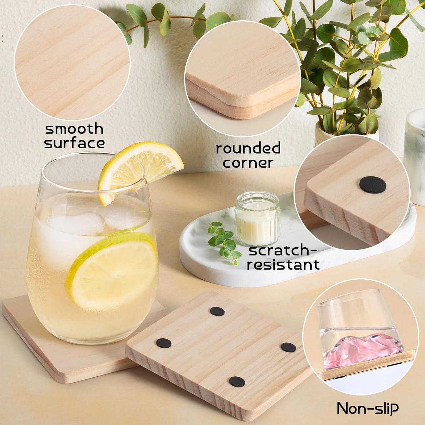 48 Pieces Unfinished Wood Coasters, GOH DODD 4 Inch Wooden Blanks with Non-Slip Pads for Laser Engraving Wood Burning Staining Painting Decoupage Housewarming Gifts Wedding Crafts Education, Square