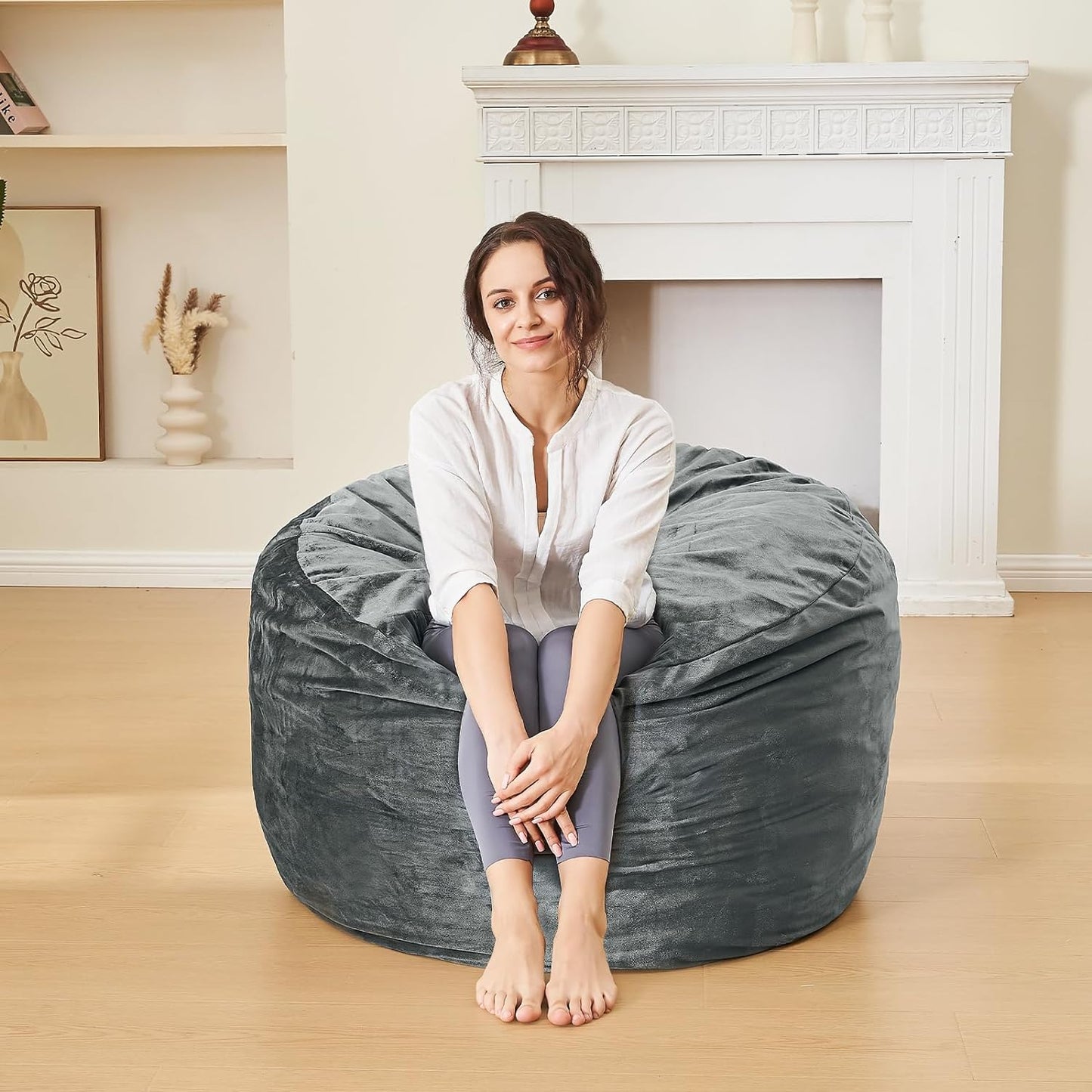 3 Feet Bean Bag Chair - BeanBag Chairs for Adults, Living Room Furniture Sofa with Soft Micro Fiber Cover, Round Fluffy Couch for Bedroom College Dorm - Grey