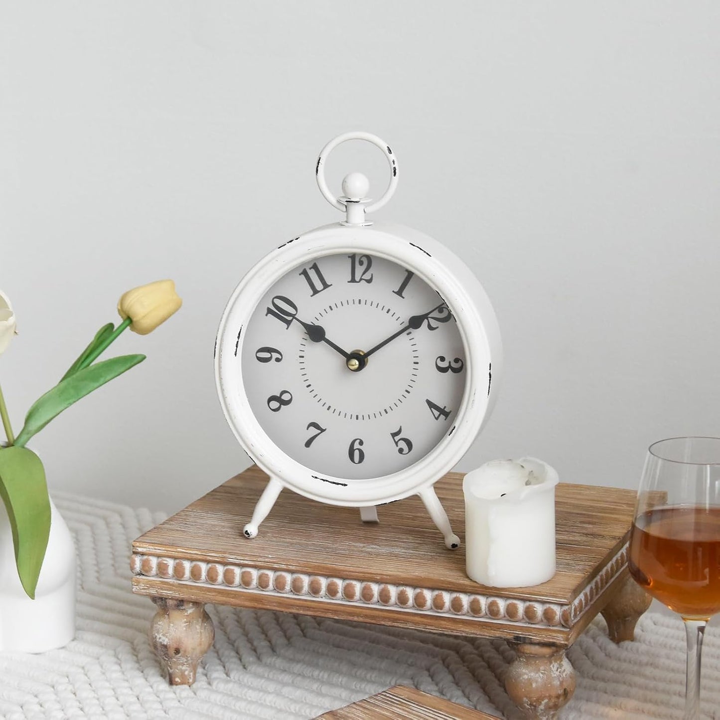 Small white table clock Vintage Rustic White Table Clock on Stand, Decorative Desk and Shelf Clock Farmhouse Mantel Clock Rustic Non-Ticking Clock