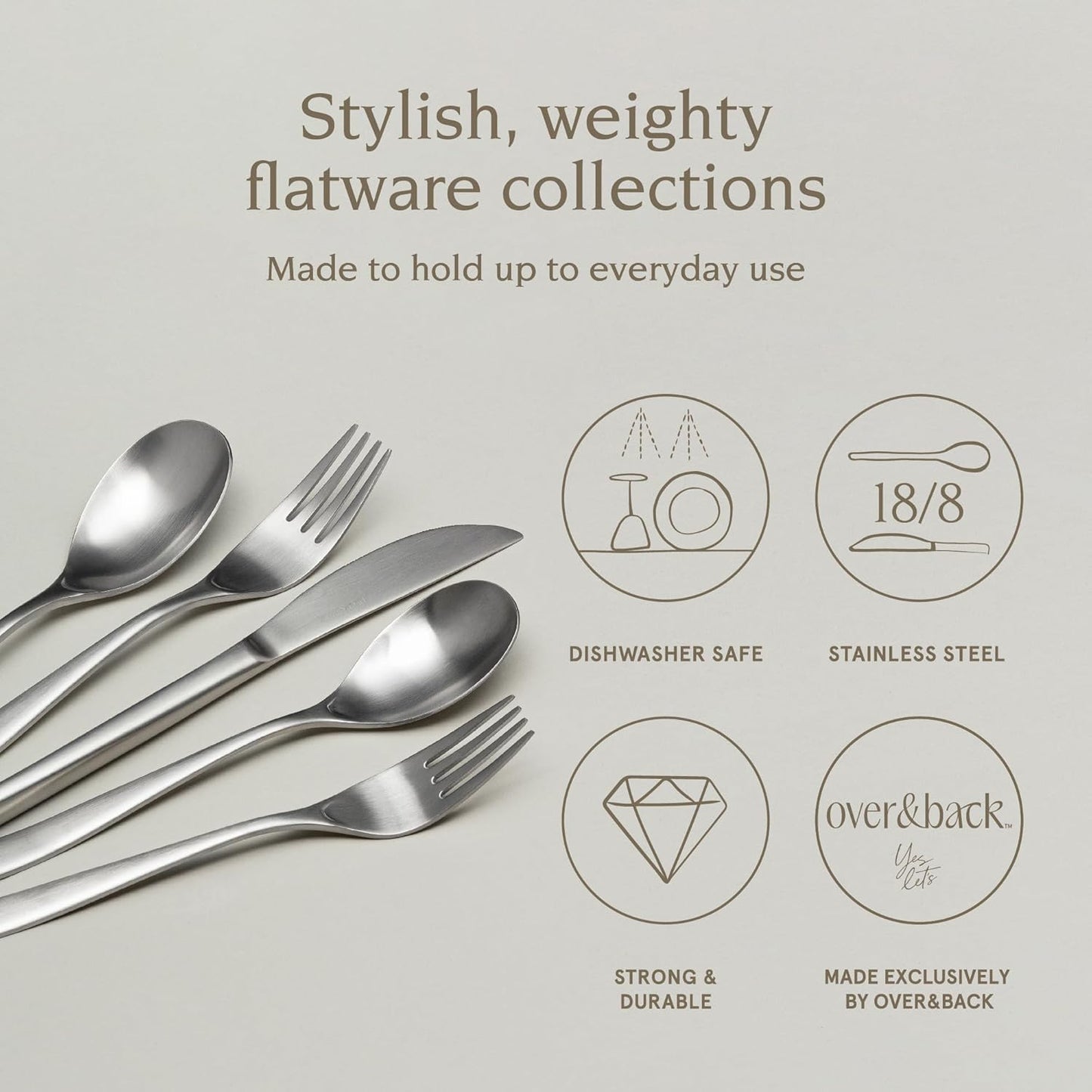 over&back 20pc Curved Flatware Cutlery Set - Comes with 4 Dinner Forks, 4 Salad Forks, 4 Dinner Knives, 4 Dinner Spoons, and 4 Teaspoons - 18/8 Stainless Steel - Dishwasher-Safe - Brushed Stainless