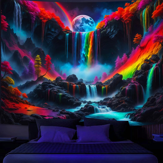 SparkLia Blacklight Waterfall Planet Tapestry, UV Reactive Glow in the Dark Fantasy Landscape Mountain Wave Neon Nature Wall Hanging Tapestries for Bedroom - 59 x 51 inches