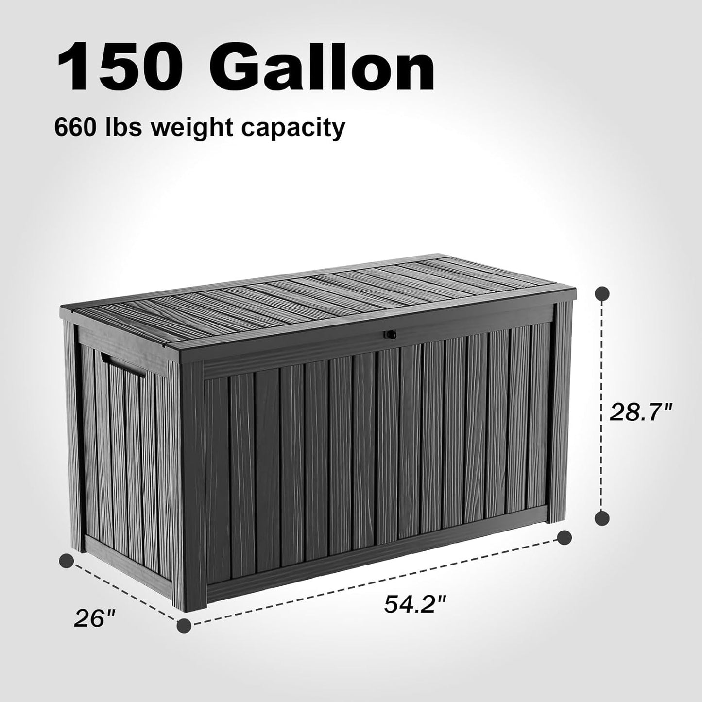 DRATO 150 Gallon Outdoor Storage Box, Large Waterproof Deck Box, Lockable Resin Storage Container with Reinforced Support for Patio Cushions, Garden Tools, UV-Resistant Outdoor Chest（Black）