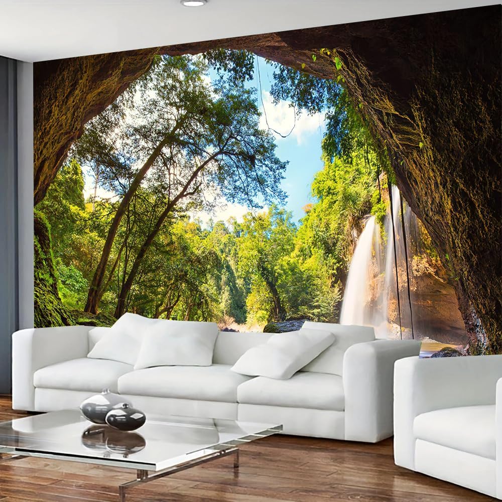 FENDROM Green Misty Forest Tapestry Wall Hanging Nature Mountain Cave Landscape Tapestry Waterfall River Tapestries for Bedroom Living Room Dorm Decor