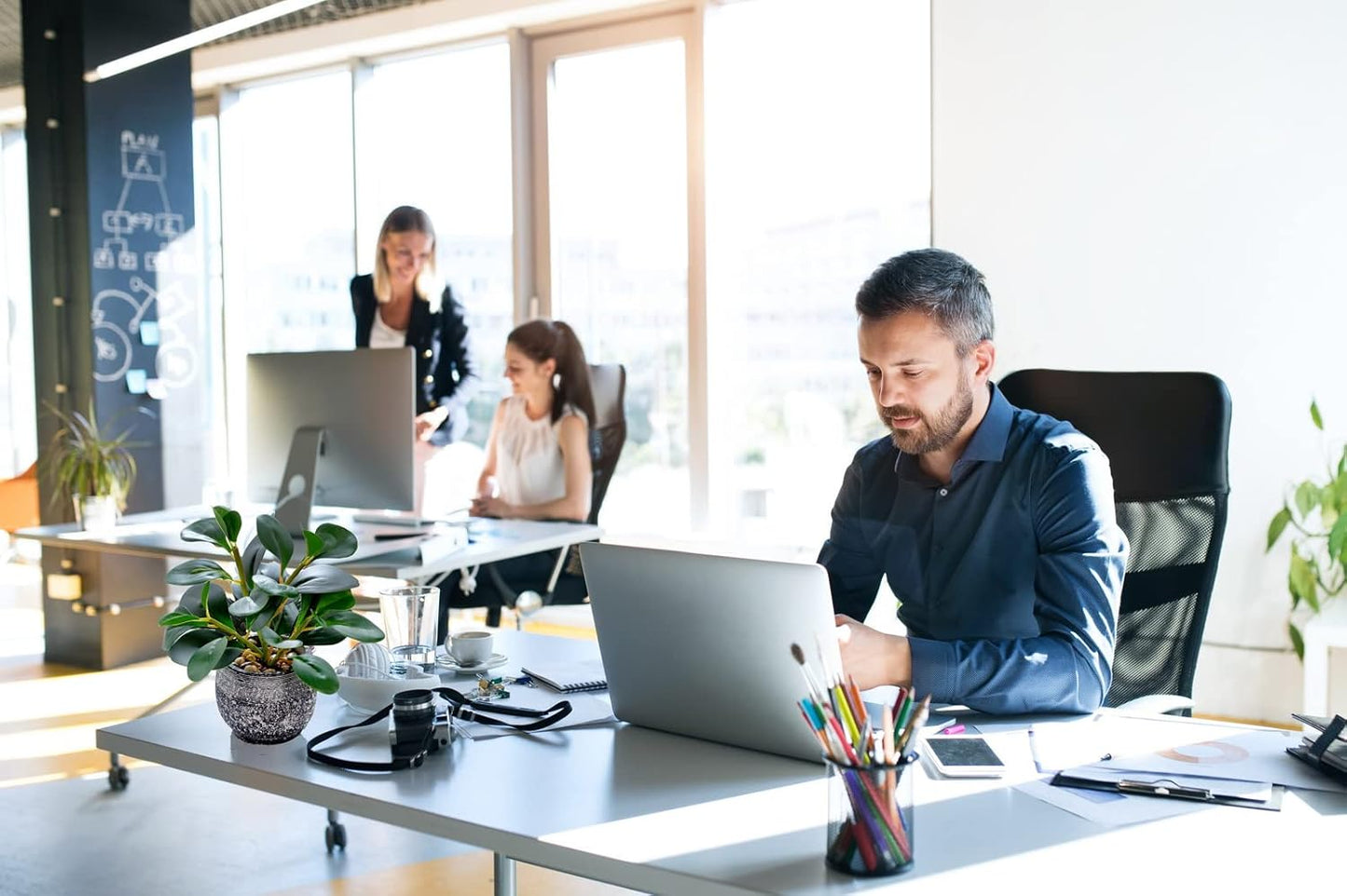 AlphaAcc Artificial Plants Potted Real Looking Small Faux Plant with Rustic Black Cement Planter for Kitchen Office Desk Bookshelf Decor (Ficus Plant)