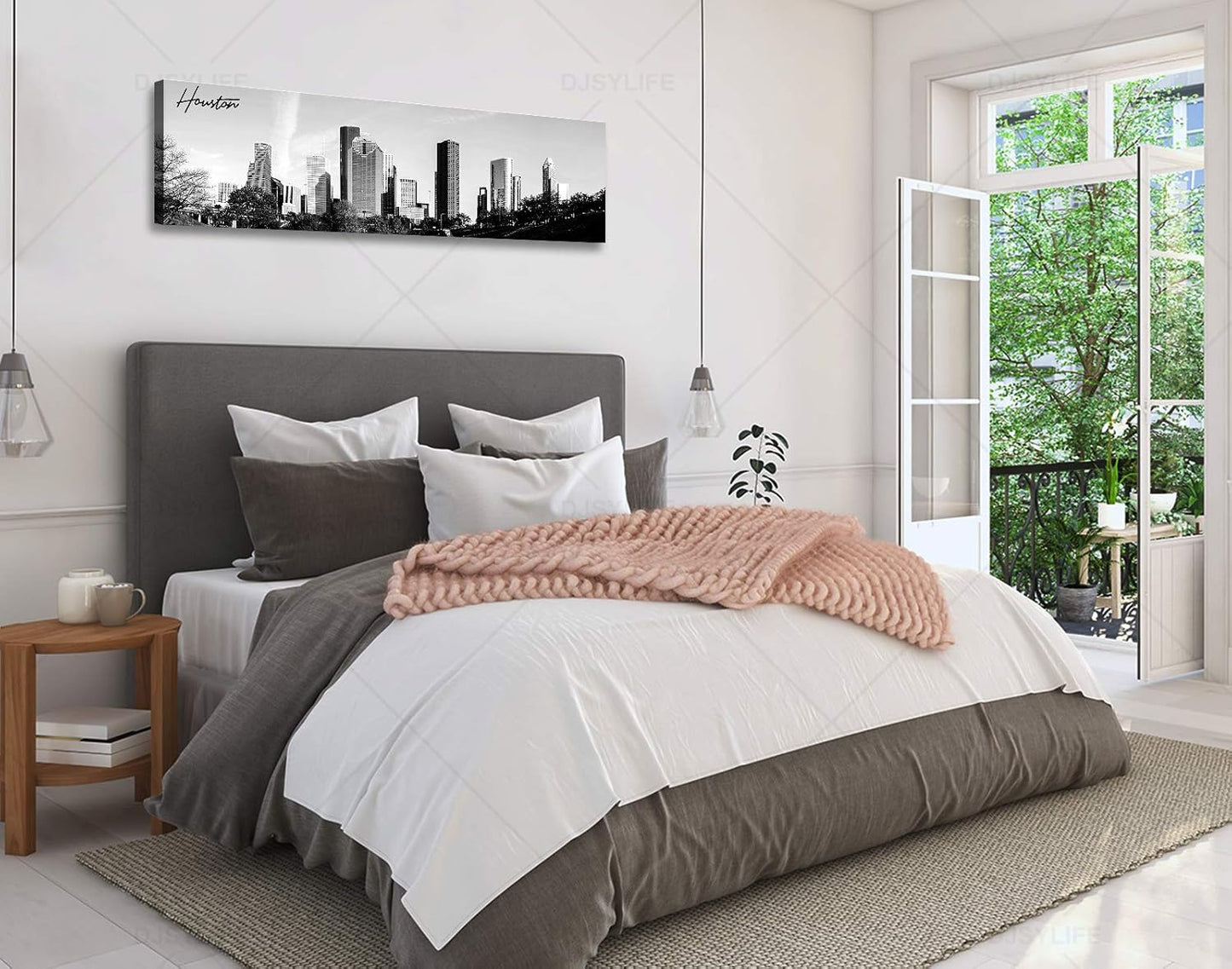 Black and White Wall Art Houston Skyline Canvas Print Picture Panoramic Cityscape Poster Decoration for Bedroom Office Home Decor Framed and Ready to Hang, 13.8"x47.3"