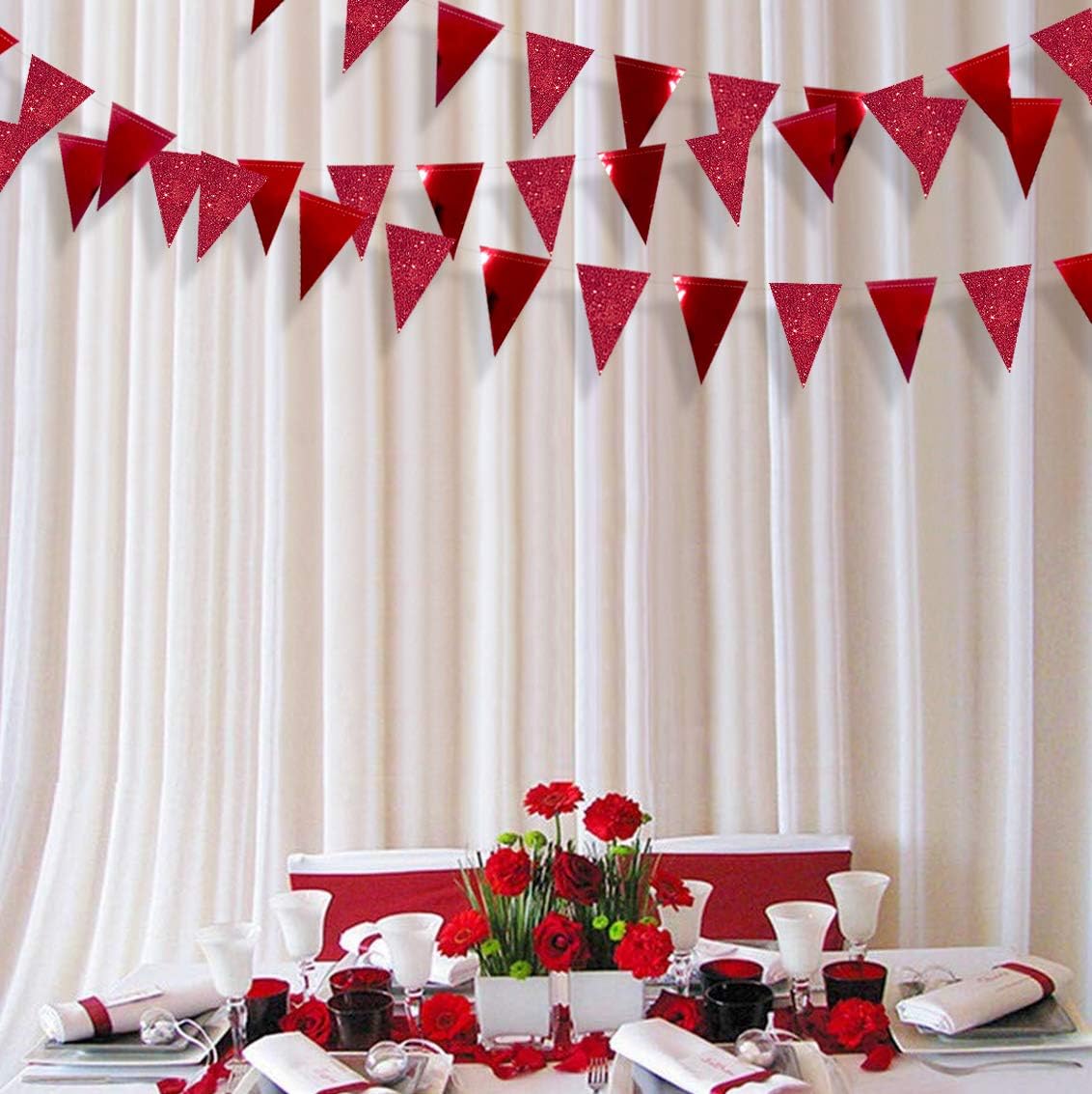 30Ft Red Party Decorations Glitter Metallic Paper Triangle Banner Flag Pennant Bunting for Graduation Wedding Engagement Anniversary Bachelorette Birthday Bridal Shower Valentines Hen Party Supplies