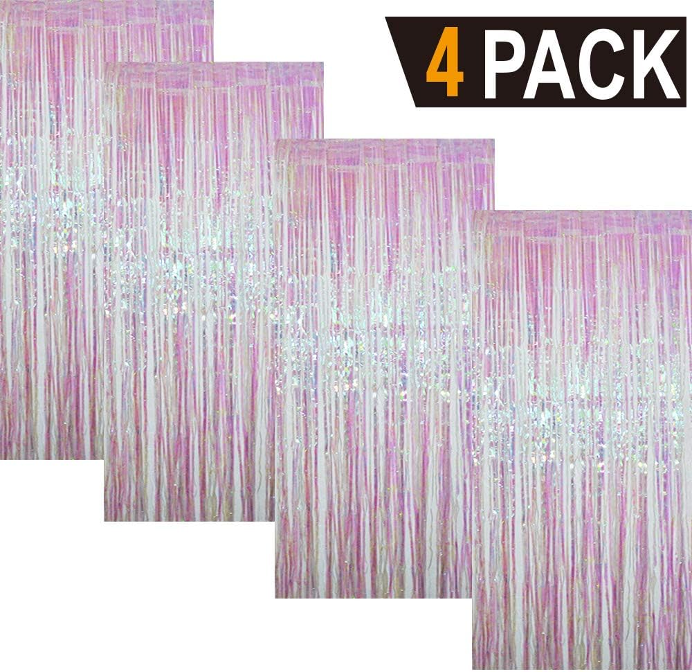 GOER 3.2 ft x 9.8 ft Metallic Tinsel Foil Fringe Curtains Party Photo Backdrop Party Streamers for Birthday,Graduation,New Year Eve Decorations Wedding Decor (4 Packs,Iridescent)