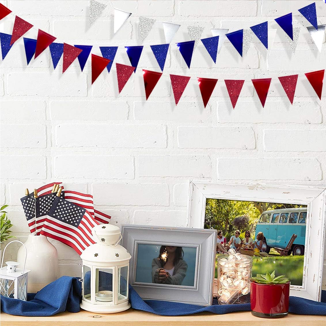 30 Ft Red Silver Blue Triangle Pennant Banner Bunting Hanging Paper Flag Garland for 4th of July American Independence Day USA National Day Patriotic Graduation Wedding Hen Party Decorations Supplies