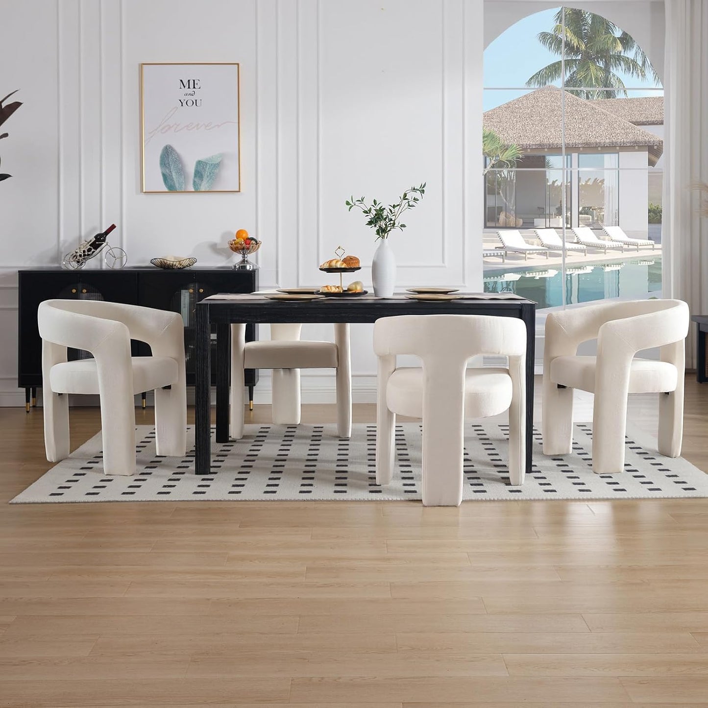 White Chenille Dining Chairs Set of 6, Modern Barrel Dining Room Chairs Upholstered Accent Chair with Arms and Round Back for Living Room Kitchen Armchair No Assembly Needed