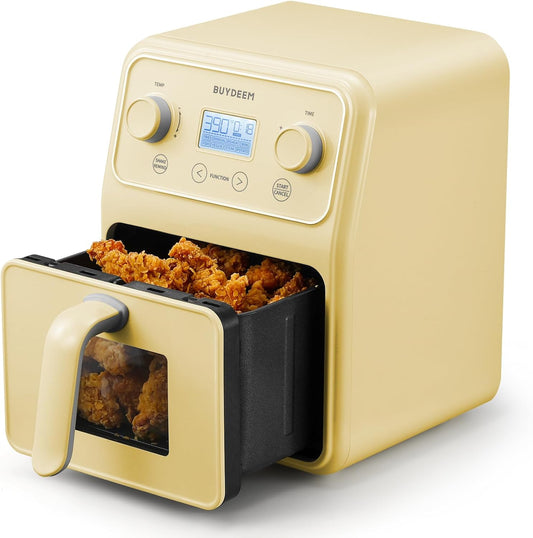 BUYDEEM F51 8-in-1 Air Fryer 4.2QT, Retro Countertop Airfryer Oven with Visible Window, Shake Reminder, One-touch Control with LCD Display, Mellow Yellow