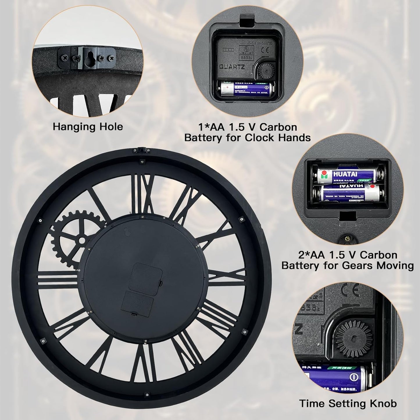 The B-Style Large Wall Clock 24 inch Moving Gear Wall Clock Oversized Vintage Farmhouse Wall Clocks for Living Room Decor Rustic Industrial Wood Clock (Silver Gray, 36 inch/90cm)