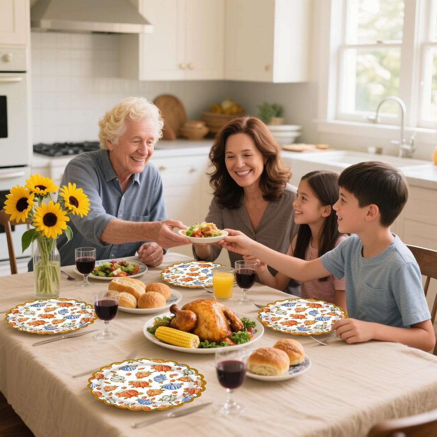 50 Pack Fall Pumpkins Paper Plates, 7inch Thanksgiving Dessert Plates Scalloped Foiled Edge Autumn Leaves Party Supplies for Harvest Friendsgiving Birthday Baby Showers Wedding Decorations