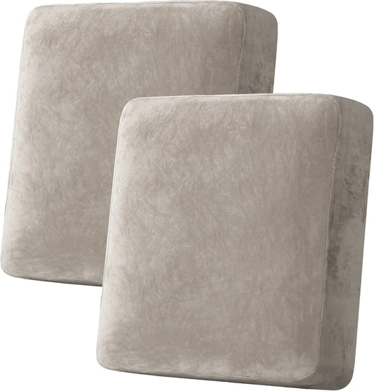 H.VERSAILTEX Velvet Stretch Couch Cushion Cover Plush Cushion Slipcover for Loveseat Cushion Furniture Protector Seat Cushion Sofa Cover (2 Piece Medium Sofa Cushion Covers, Oatmeal)