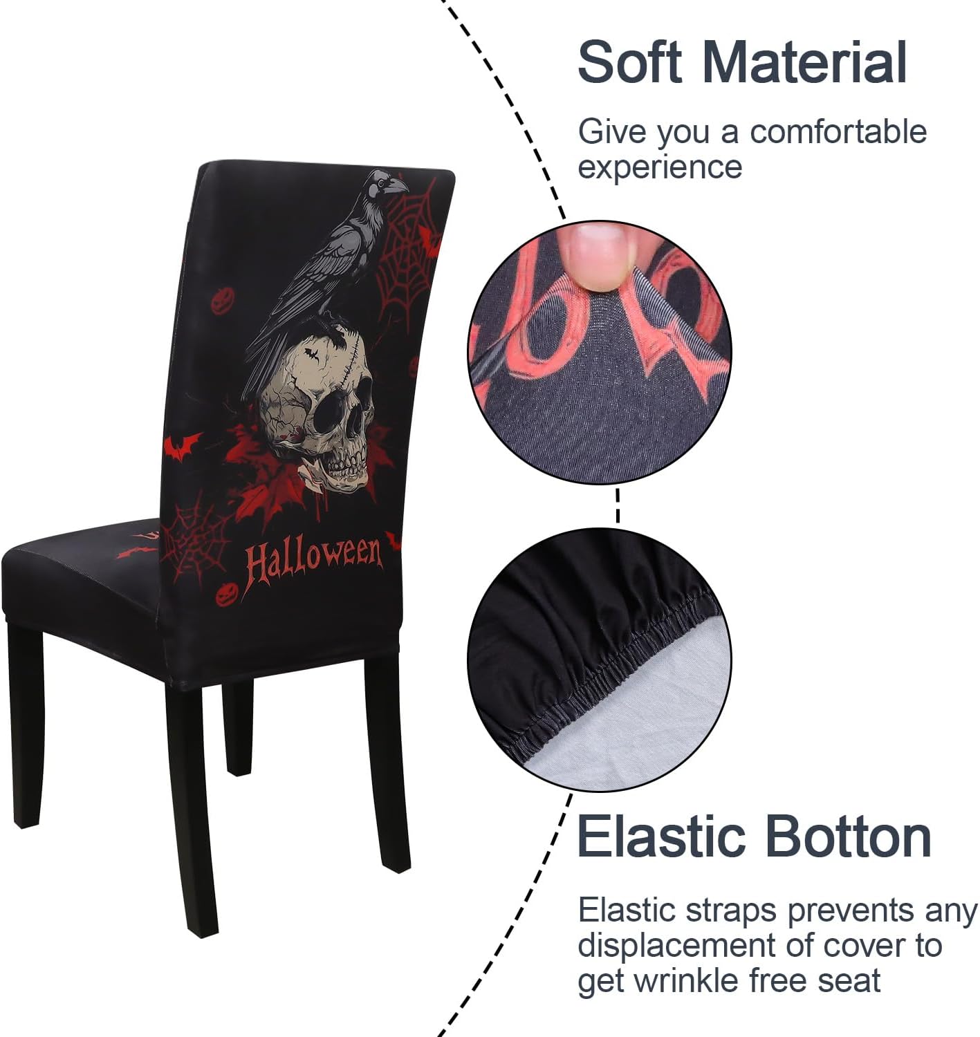 JQinHome Black Halloween Chair Slipcover,Skull Chair Covers Set of 6, High Stretch Washable Chair Protector Cover for Dining Room, Kitchen,Home Party,Wedding Ceremony(Skull Black,6PC)