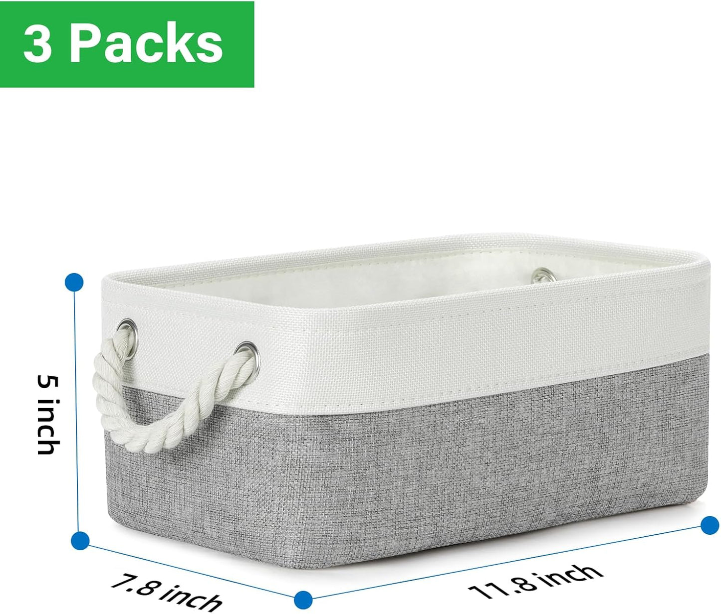 Bidtakay Small Baskets Fabric Storage Baskets for Organizing 3-Pack 12x8x5 Inch Collapsible Storage Bins for Shelves Canvas Bins for Closet Organization Home Baskets Storage Linen Closet S-White&Grey