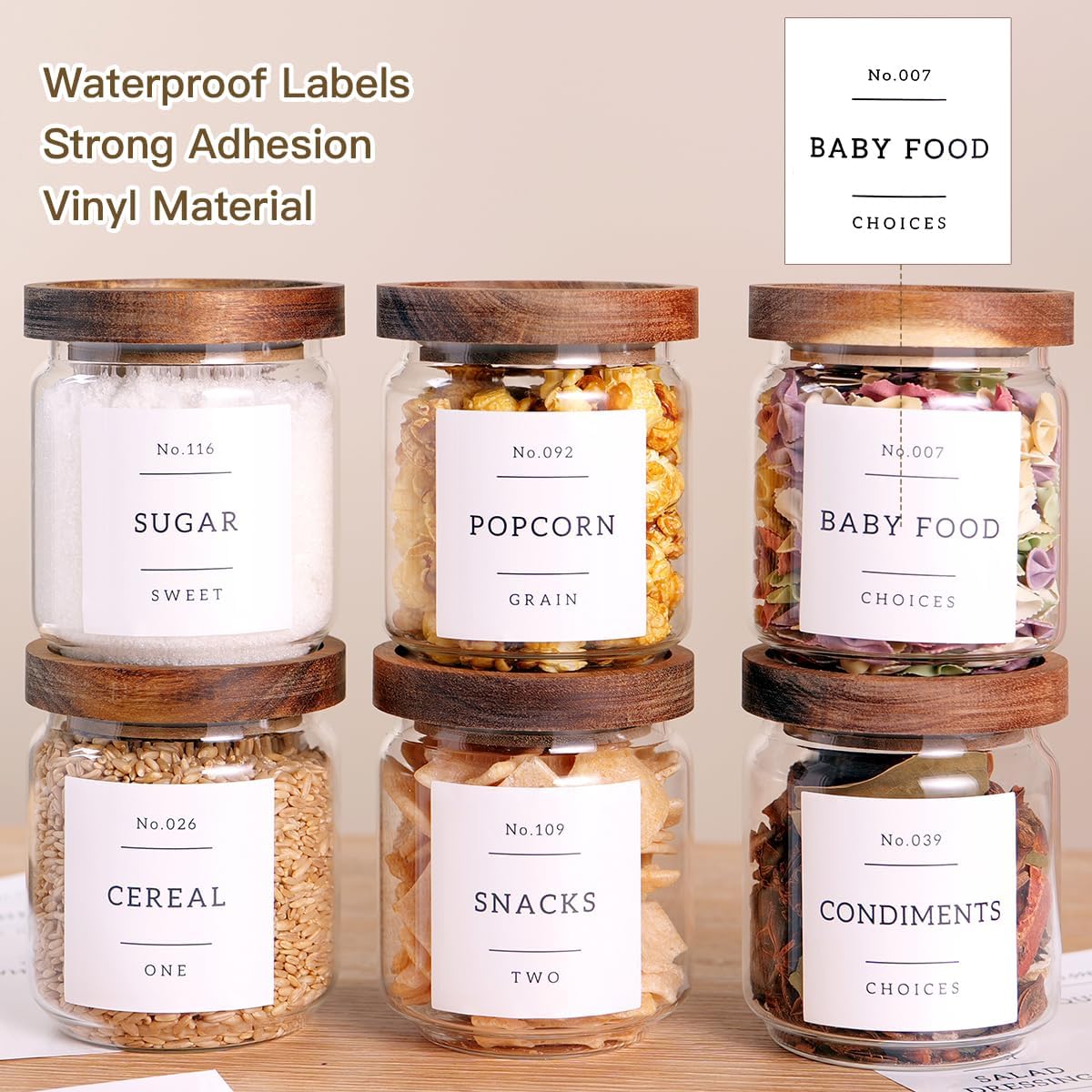 6 Set Glass Pantry Storage Jars with Acacia Airtight Lid - 15oz Thicken Glass Kitchen Canisters with 132 Pantry Labels - Clear Glass Food Storage Containers with Wood Lid for Tea,Sugar,Spice,herbs