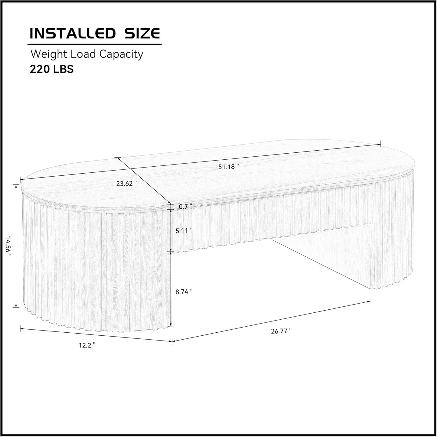 51.18'' Oval Coffee Table for Living Room Fluted Center Table with Drawer, Mid Century Modern Coffee Tables, Easy Assembly for Office Storage Tea Table Oak