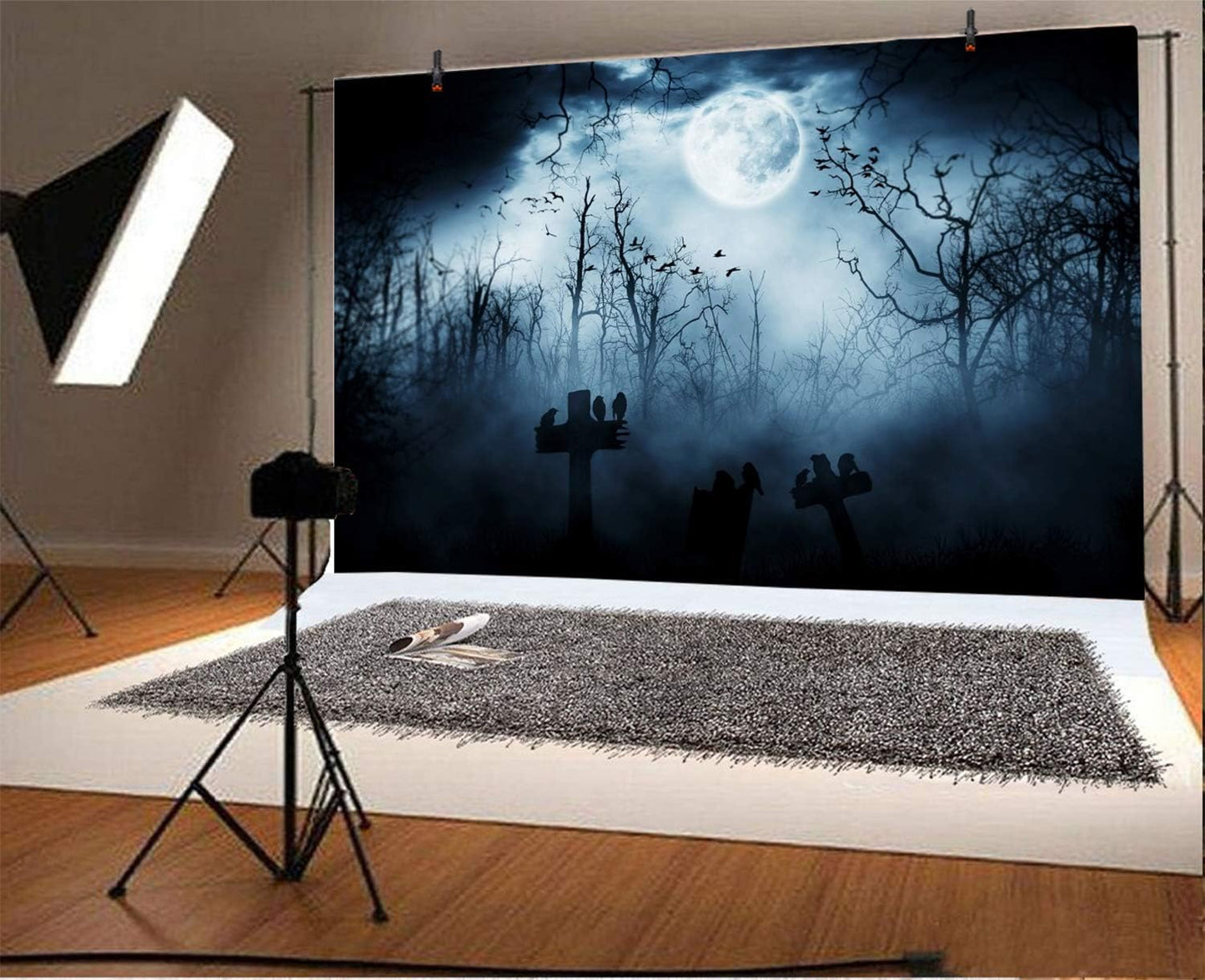 AOFOTO 7x5ft Moon Night Halloween Cemetery Photography Backdrop Flying Bats Birds Stand on Gravestone Cross Graveyard in Dark Forest Photo Background Cloth Vinyl Wallpaper Photo Studio Props