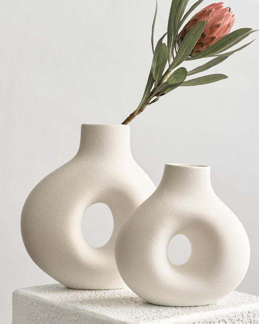 NOBULA White Ceramic Donut Vases – Modern Home Decor for Living Room, Bedroom & Table Centerpiece - Minimalist Nordic – Unique Vases for Olive Plant & Flowers – Decorative Coffee Table Vase Set of 2
