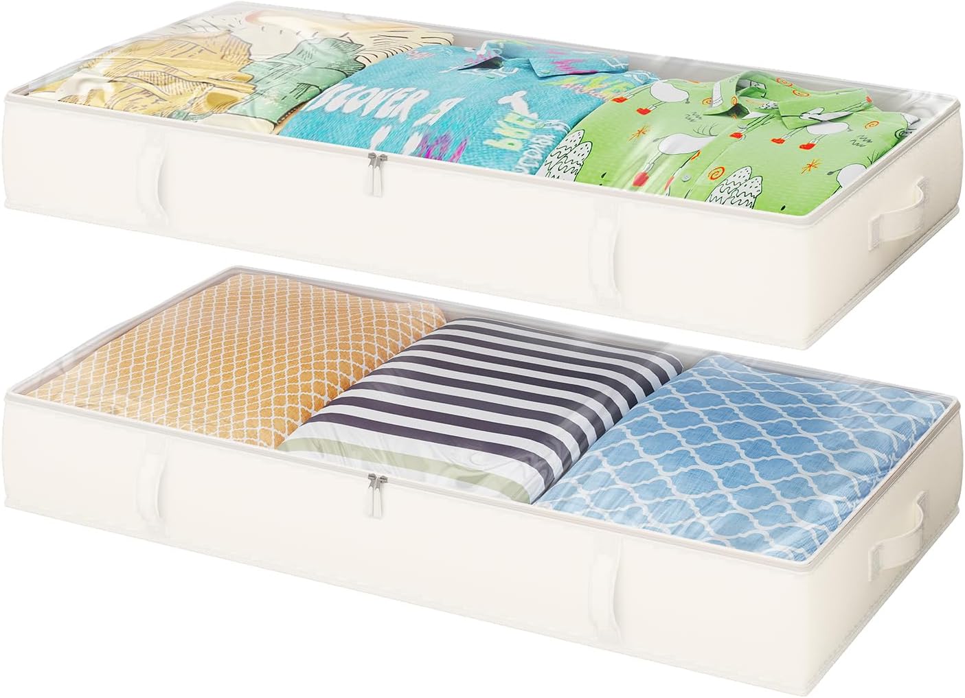 2-Pack Under Bed Storage, 6 Inches Tall Closet Organizers and Storage Bins with Sturdy Sidewalls/Bottom/4 Handles, Beige