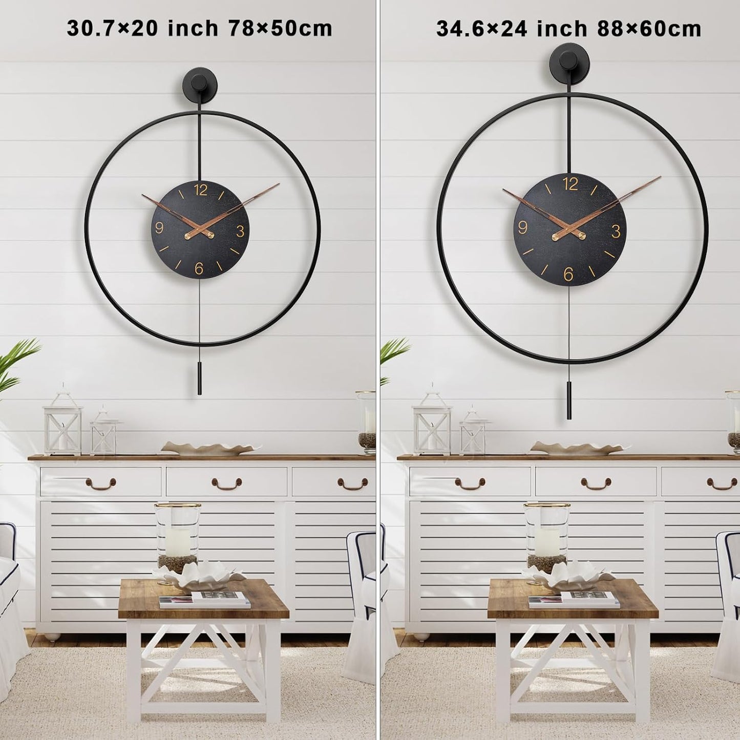 Large Modern Wall Clock,34.6×24 Inch Big Metal Minimalist Arabic Numeral Dial,Decorative Farmhouse Pendulum Wall Clocks with Walnut Pointers forLiving Room Decor, Office,Dining Room