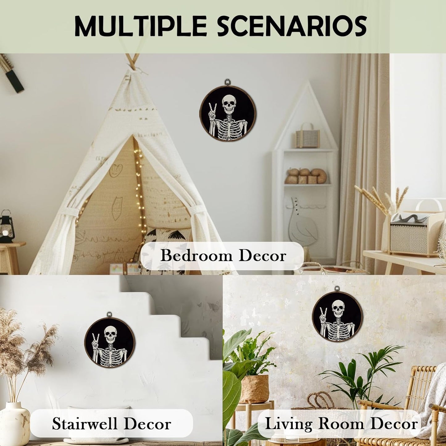 cvjutf Gothic Skeleton Wall Art Decor Framed, Dark Academia Decor, Witchy Halloween Round Wall Decor, Gothic Halloween Skull Canvas Prints Art for Gallery Bathroom Living Room, 10x10 Inch