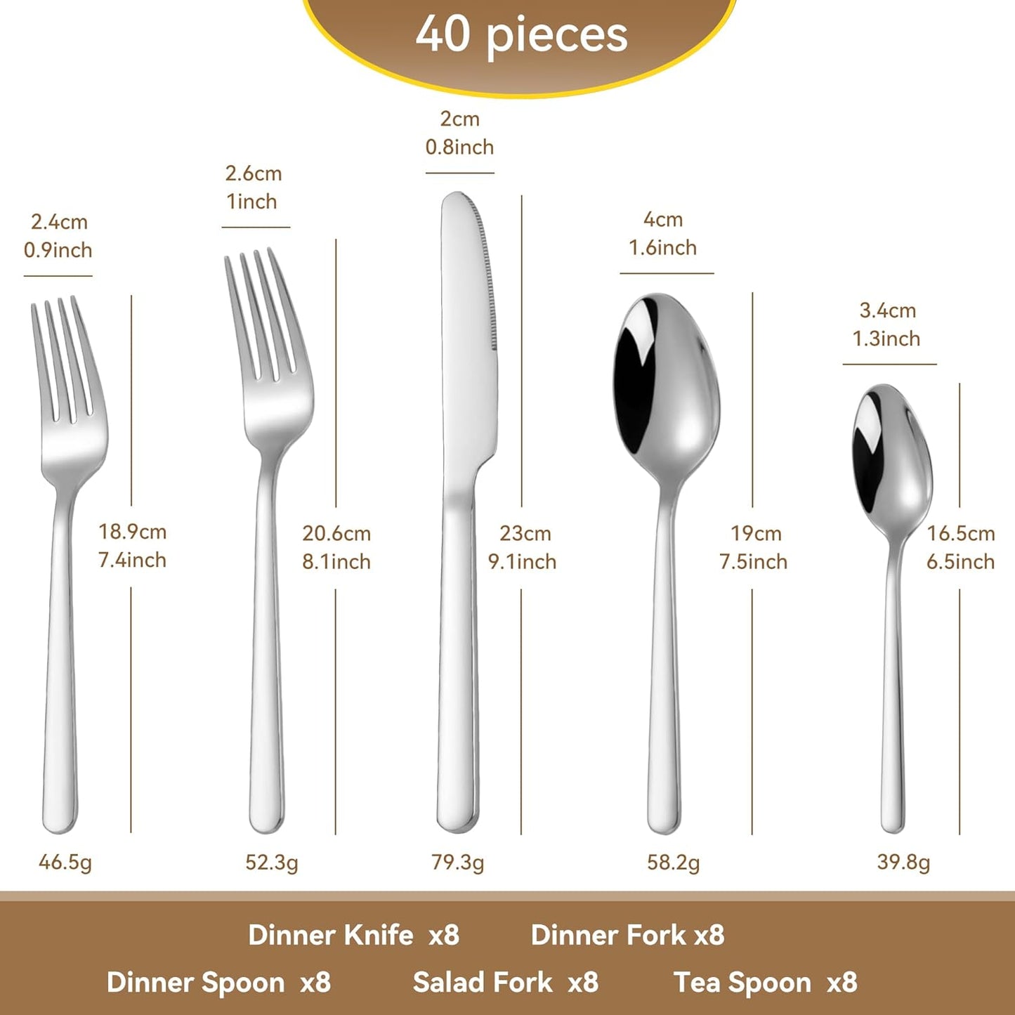 40 Piece Heavy Duty Silverware Set for 8, 18/10 Stainless Steel Flatware, Stainless Steel Silverware, Dishwasher Safe