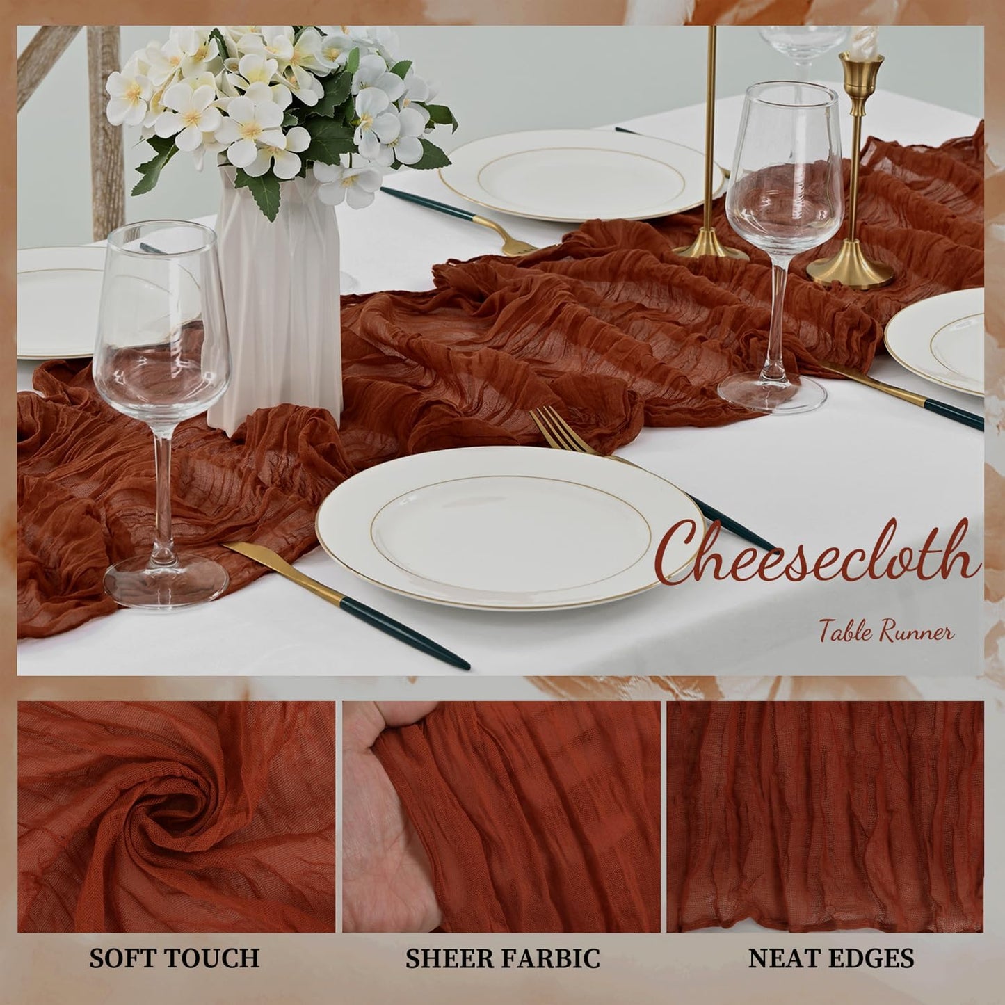 6 Pack Terracotta Cheesecloth Table Runner 10FT Boho Rustic Cheese Cloth Table Runner for Wedding 20 x 120 Inch Long Bridal Shower Baby Shower Gauze Fabric Sheer Birthday Party Table Decorations