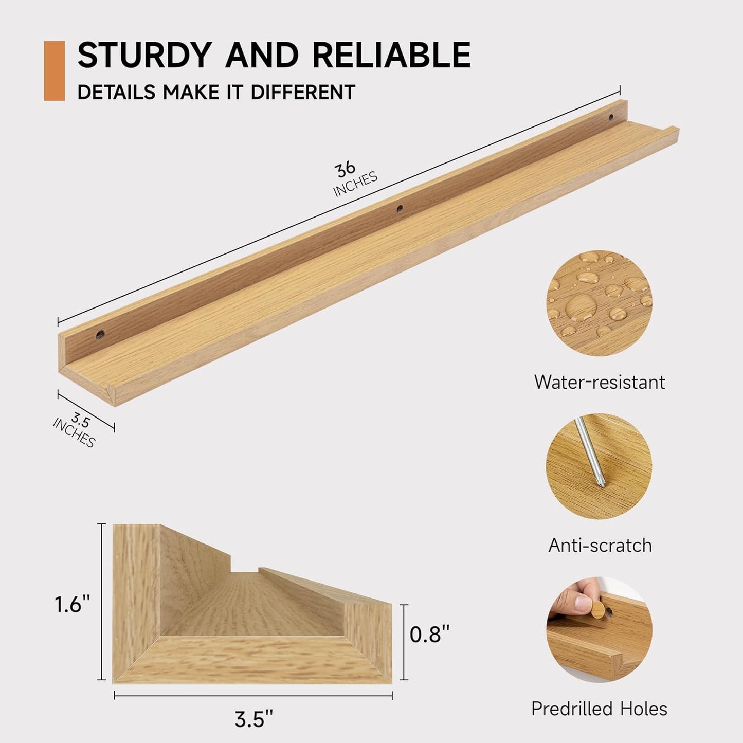 Fun Memories Picture Ledge Shelf, 36 Inch Floating Shelves Set of 2, Nursery Book Shelves for Toys Storage, Kids Bookshelf Wall Mounted for Wall Decor Books Photo Frames, Oak