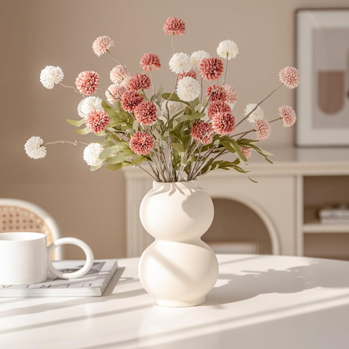 Faux White & Pink Kiku Flower, 10 Stems with 5 Heads Each & 4 Branches Eucalyptus Stems, Artificial Small Mini Chrysanthemum Flowers for Aesthetic Room Decor, Floral Arrangements Centerpiece