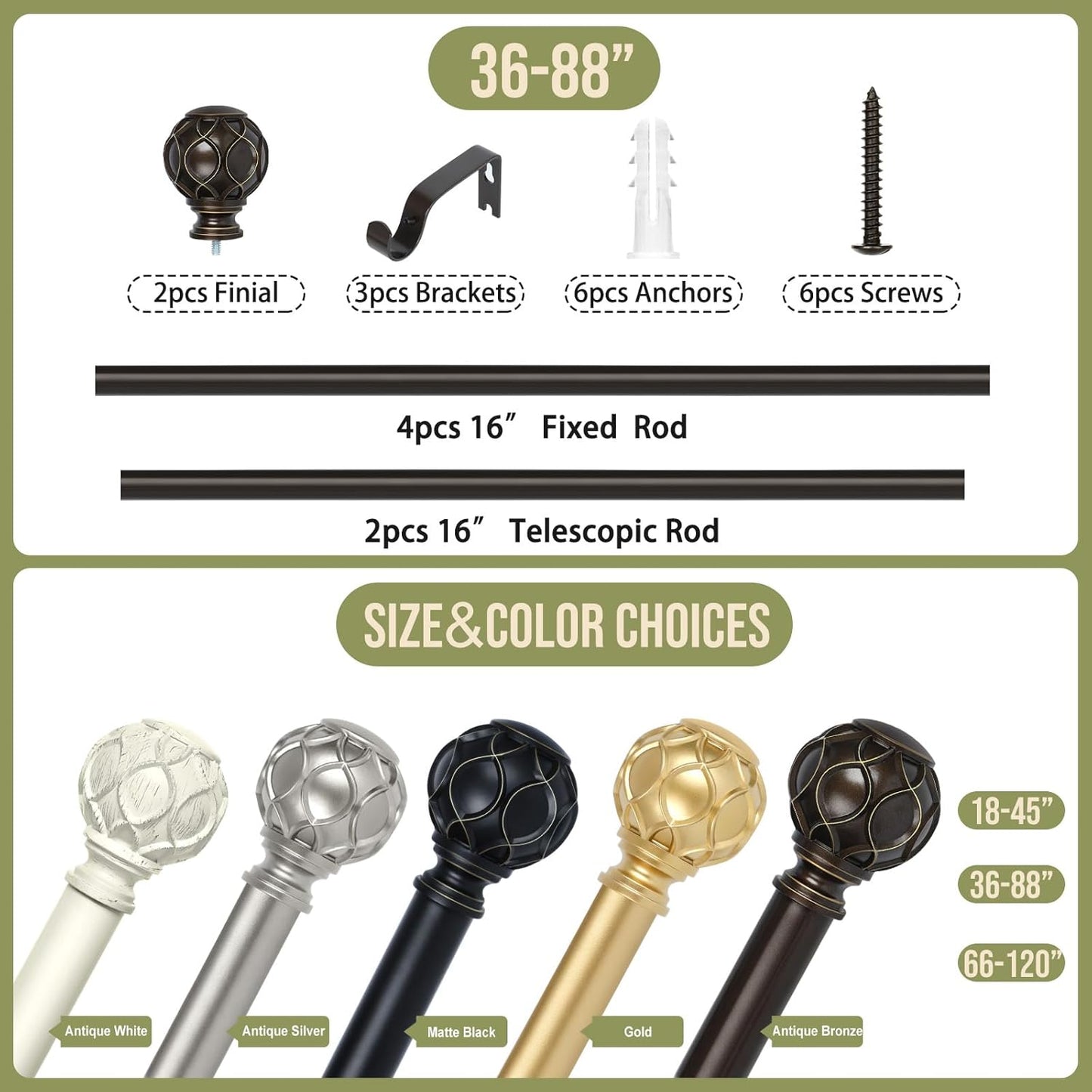 Bronze Farmhouse Curtain Rods for Windows:36-88 Inch Heavy Duty Adjustable Curtain Rod for Bedroom Living Room,Boho Decorative Rustic Drapery Rods with Vintage Coastal Finial,Antique Bronze