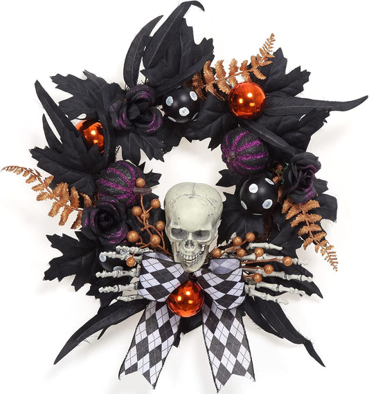 Adeeing Halloween Wreath for Front Door Halloween Skeleton Decorations, 20 Inch Pumpkin Wreath with Skull Black Roses Maple Leaves for Window Indoor Outside Home Party Decor