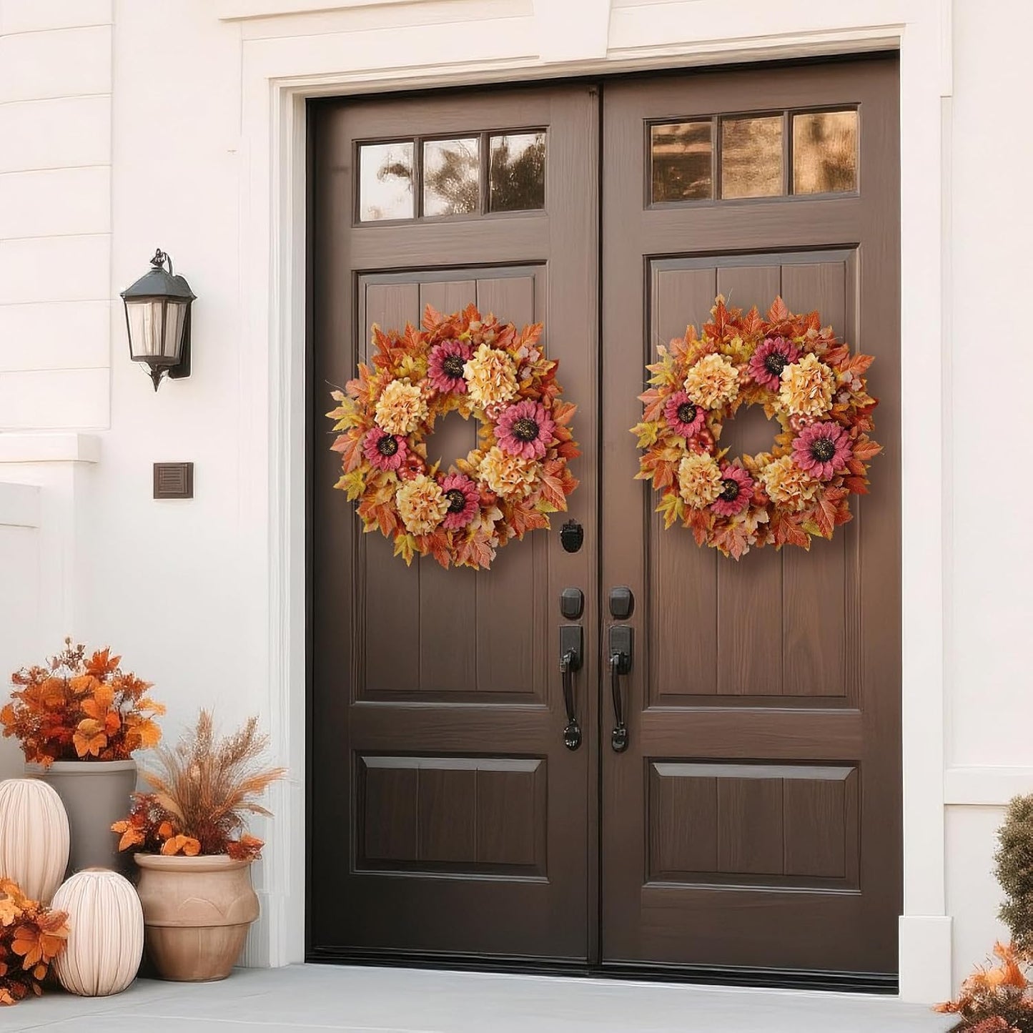 28'' Large Fall Wreath for Front Door, Porch, Window- Artificial Maple Leaves Faux Sunflower Hydrangea Pumpkins Outdoor Autumn Wreath for Home, Farmhouse Wall Thanksgiving Day Harvest Festival Decor