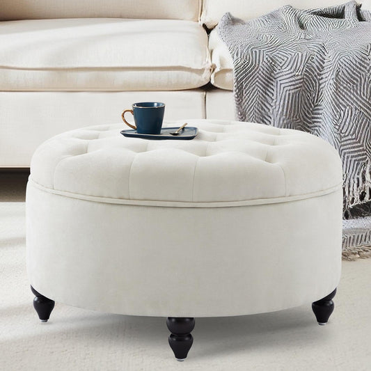 30-Inch Large Round Ottoman, Tufted Coffee Table with Removable Lid Top, Upholstered Footrest Modern Button Circle Storage Ottoman for Living Room, Office, Ivory