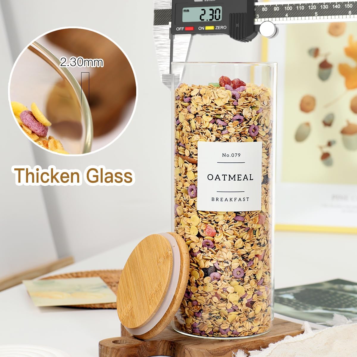 3 Pack Glass Jar with Airtight Bamboo Lid and White 132 Kichen Pantry Labels Preprinted - 56 Oz Clear Tall Glass Food Storage Containers set For Pasta Flour Cookie Rice