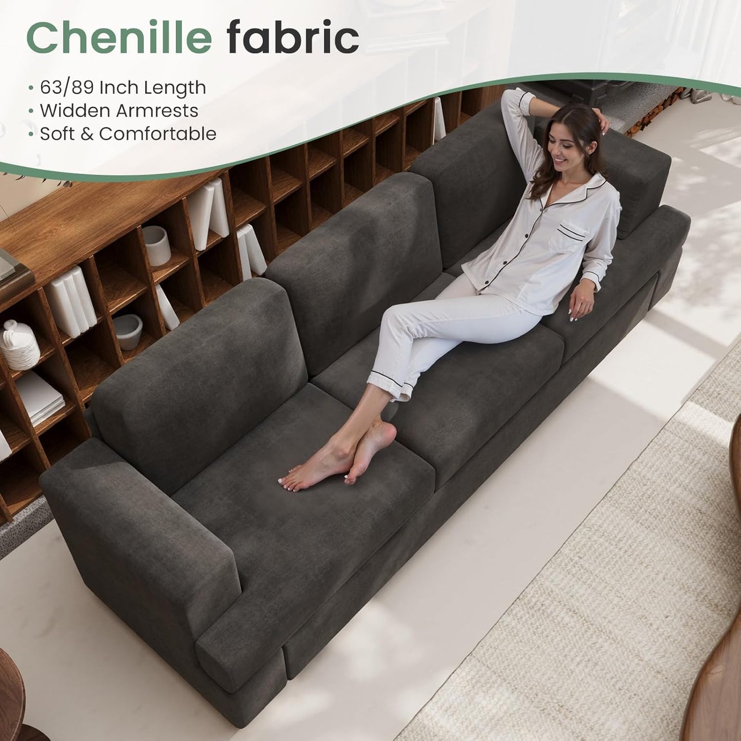 2 Piece Set Comfy Sofa Couch, 2 3-Seater Sofa with Deep Seats, Modern Sleeper Couch for Living Room, Dark Grey Chenille