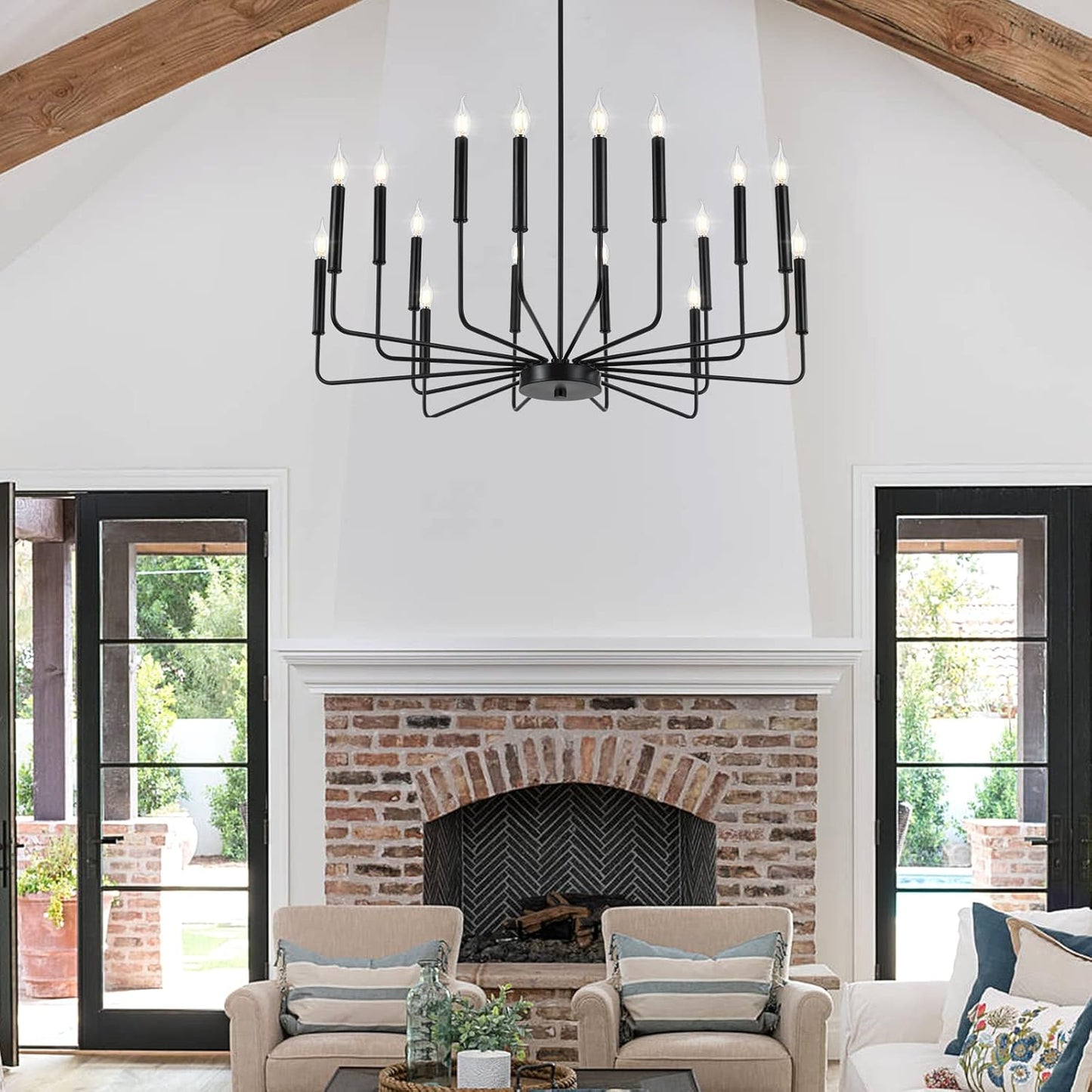 Modern Black Farmhouse Chandeliers, 16-Light Industrial Metal Chandelier Lighting, Classic Candle Hanging Pendant Light Fixtures for Kitchen Island, Living Room, Dining Room, Stair