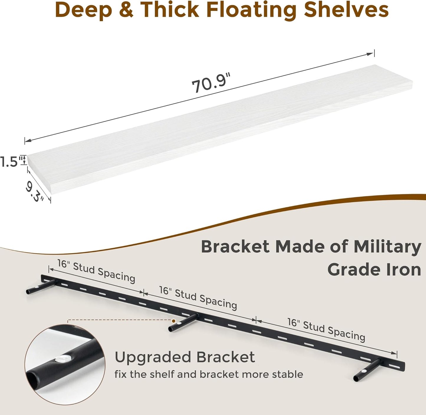 72 Inch Floating Shelves White, 72 x 9 Rustic Wooden Fireplace Mantel, 9 Inch Floating Shelf for Wall, Farmhouse Wall Shelves for Home Storage & Display