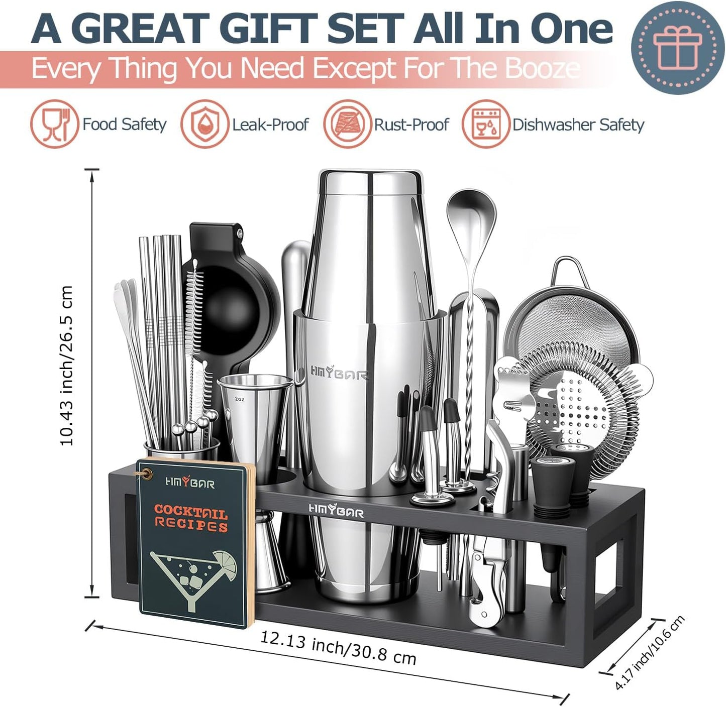 HMYBAR® Mixology Bartender kit | Cocktail Shaker Set | Boston Shaker Set, 20/28 OZ | Martini Making Set for Home Bar. Total 31 pcs incl 39-Recipe Cocktail Cards. Silver Tools. Bamb Stand Black Color