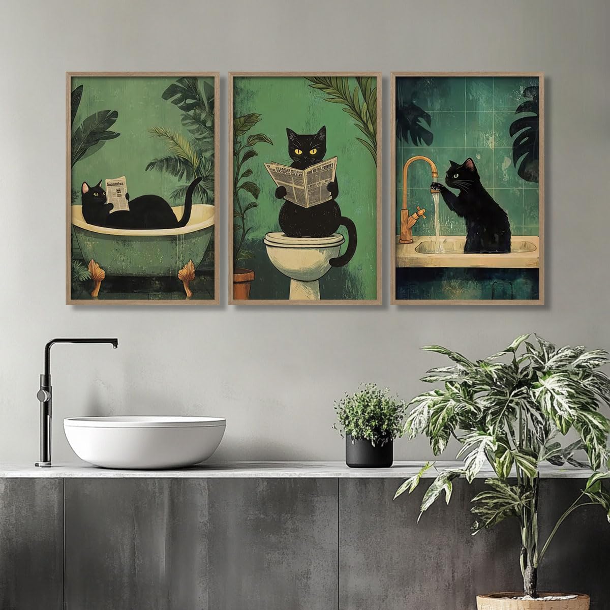 3 Pcs Wooden Framed Cute Black Cat Bathroom Wall Art Modern Style Canvas Prints Funny Posters Pictures Decorative Paintings Artworks Suitable for Living Room Bedroom Bathroom Gallery Style Design 16x24 In