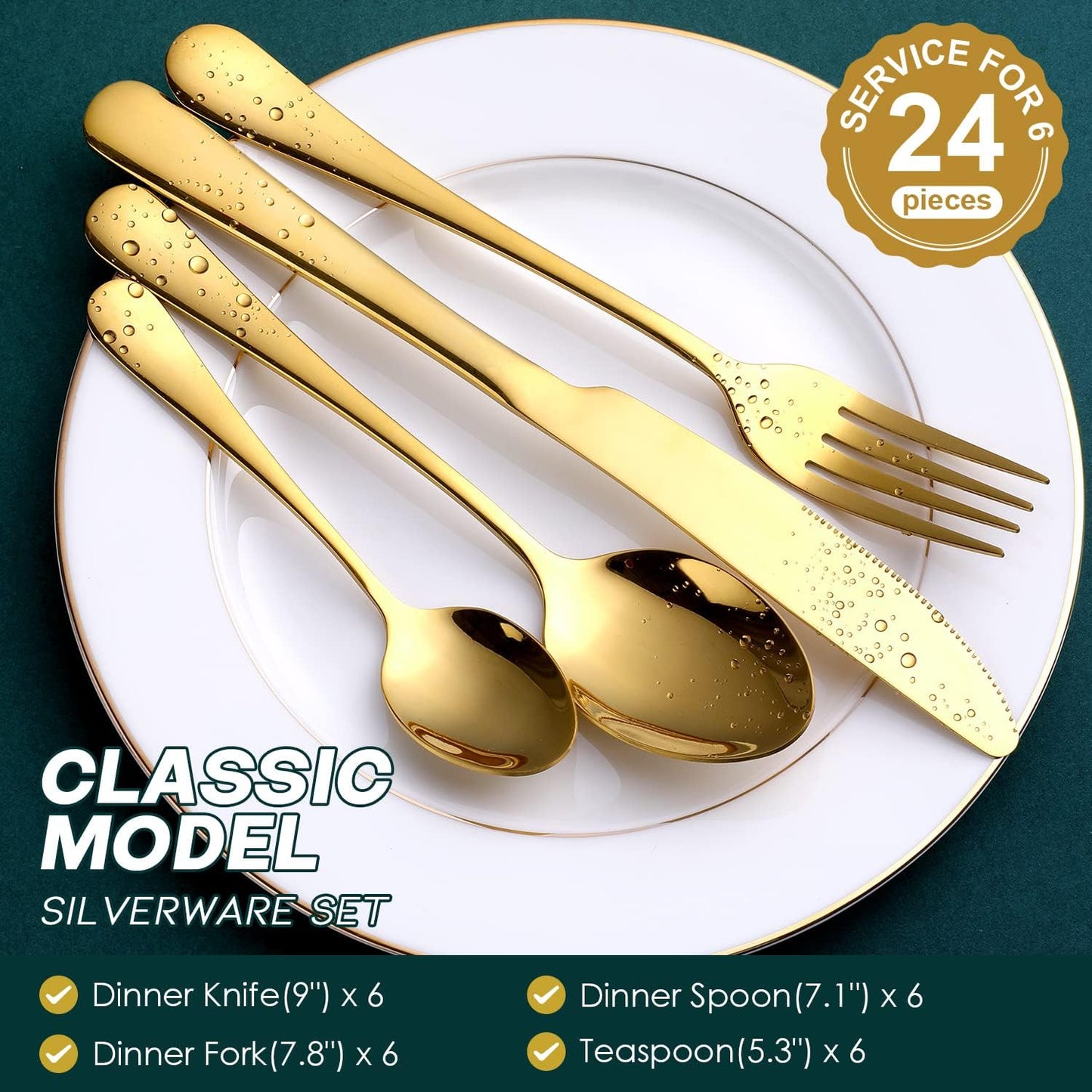 Gold Silverware Set, OGORI 24-Piece Food Grade Stainless Steel Gold Flatware Set, Kitchen Utensil Set Service for 6, Mirror Polished Tableware Cutlery Set for Home and Restaurant, Dishwasher Safe