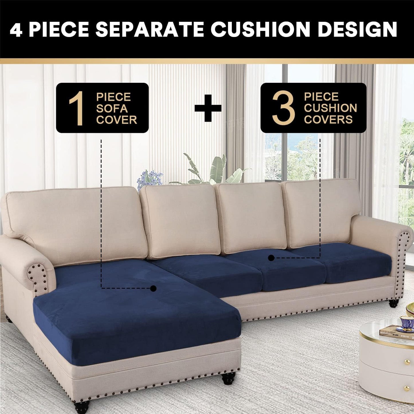 PrinceDeco Sectional Couch Covers 4 Pieces Couch Covers for Sofa Velvet Separate Couch Cover L Shape for Left/Right Chaise(3 Seater + 1 Chaise,Navy)