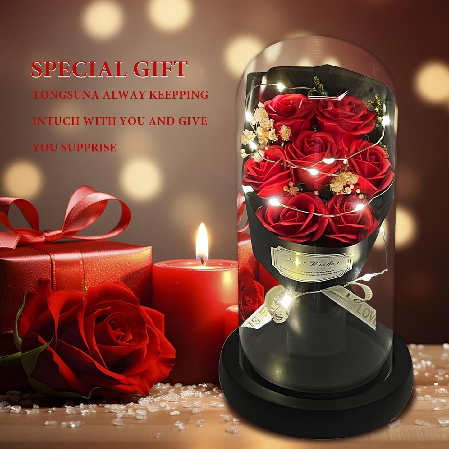Gift for Her Forever Flower Bouquet for Delivery Prime Preserved Red Roses Glass Dome LED Light 100 Languages I LOVE YOU Necklace Mothers Day Birthday Romantic Valentines Gift for Wife Women Mom