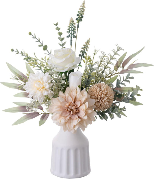 Fake Flowers in Vase, Artificial Flowers with Vase, 15.7'' Floral Arrangements for Dining Table Centerpiece Decor, Silk Roses & Faux Dahlia Bouquet for Farmfouse Kitchen Coffee Table Decor (Brown)