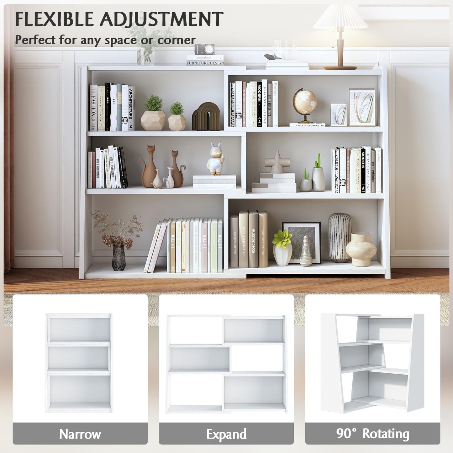 IOTXY Wooden Extendable Shelf Bookcase - 3-Tier Ladder Low Short Bookshelf for Small Space or Corner, White, L