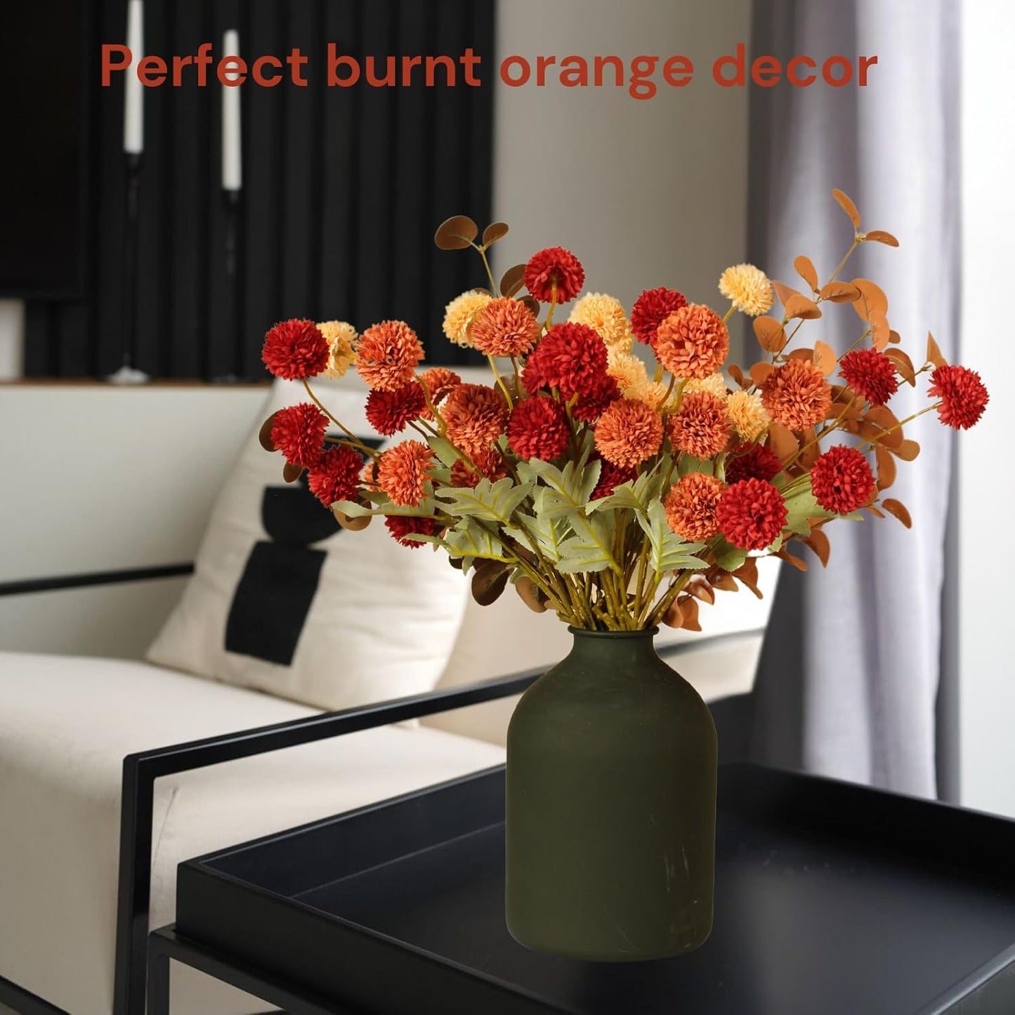 Fall Flowers, Burnt Orange Faux Kiku Flowers Artificial 10 Stems + Eucalyptus, Fake Silk Mums Fall Floral Centerpiece, Autumn Decor, Terracotta Mini Balls Faux Stems For Vase, Decoración de Otoño