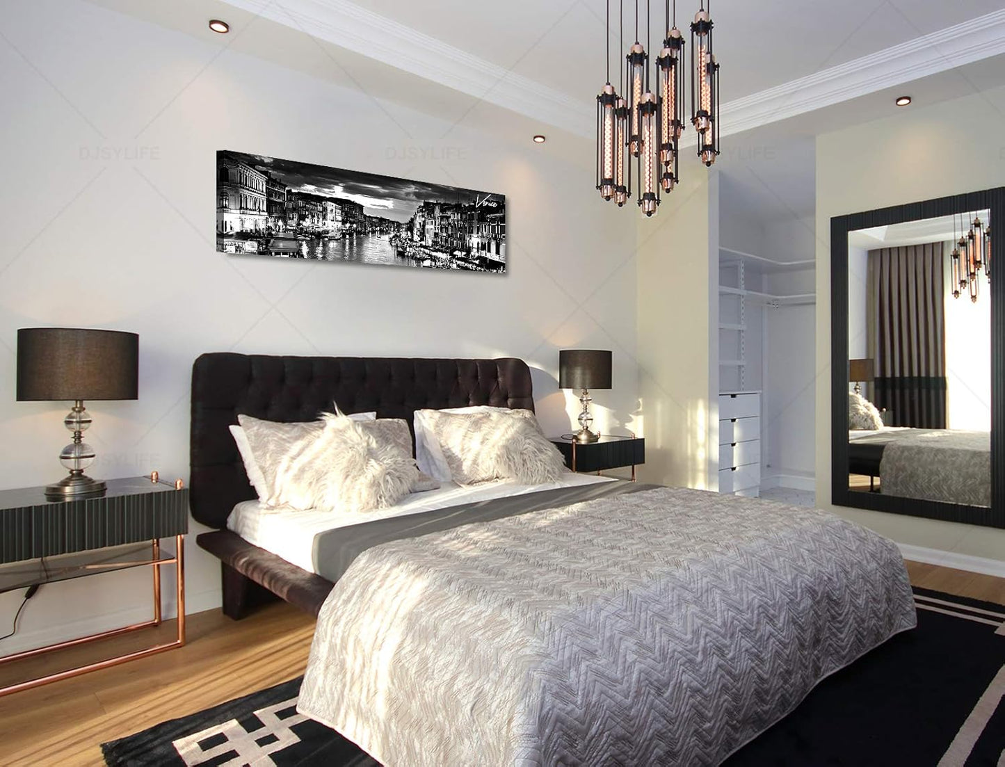 DJSYLIFE Venice Skyline Wall Art Black and White Italy Cityscape Canvas Print Painting Buildings Grand Canal Landscape Pictures Modern Artwork for Man Room Office Living Room Decoration 13.8"x47.3"