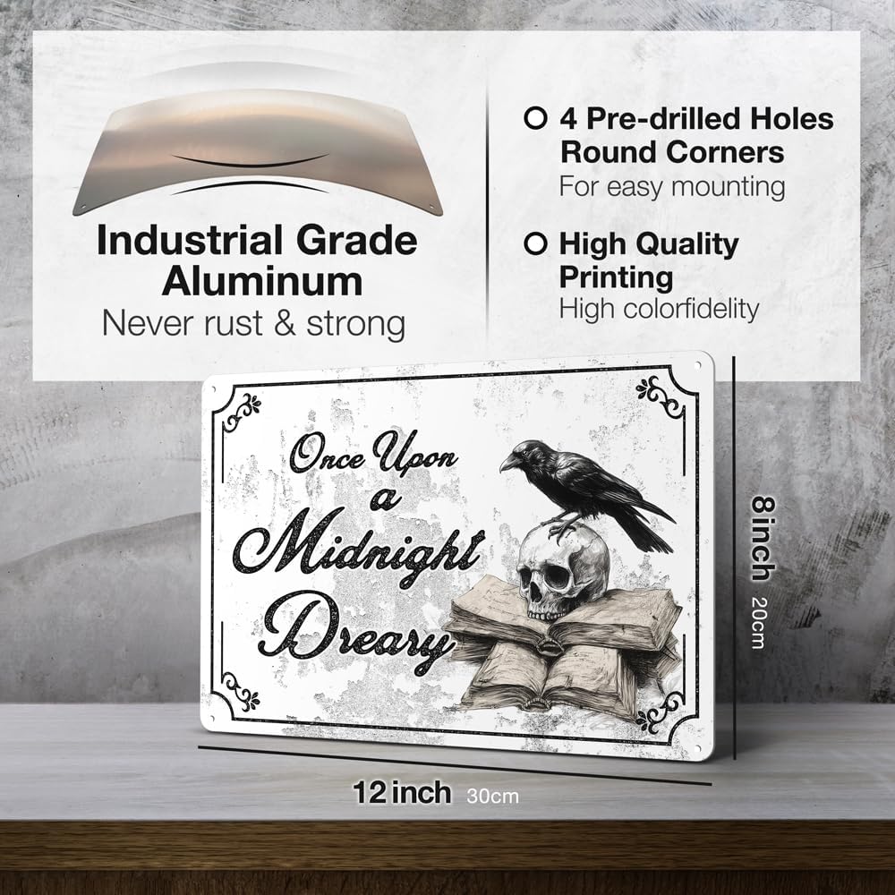 Heuhuww Vintage Gothic Wall Decor-Once Upon A Midnight Dreary Gothic Metal Sign for Home Room,The Raven, Literary Gift 8"x12"(H28)